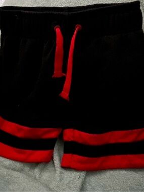 Black Shorts with Red Drawstring and Hem Stripes